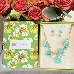 Daisy Fuentes Gold Pearl & Blue Flower CZ Statement Necklace and Earrings Set